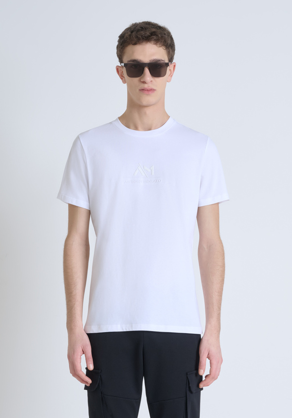 PURE COTTON JERSEY SLIM FIT T-SHIRT WITH TONE ON TONE EMBOSSED LOGO - Antony Morato Online Shop