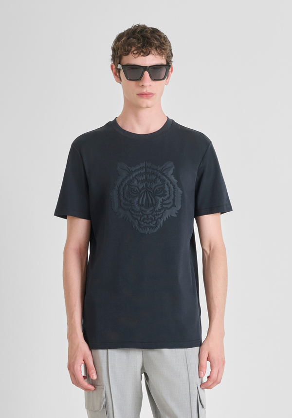 REGULAR FIT COTTON JERSEY T-SHIRT WITH RUBBERIZED TIGER PRINT - Antony Morato Online Shop