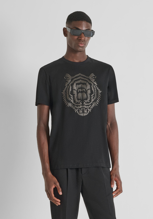REGULAR FIT COTTON JERSEY T-SHIRT WITH REFLECTIVE TIGER PRINT - Antony Morato Online Shop