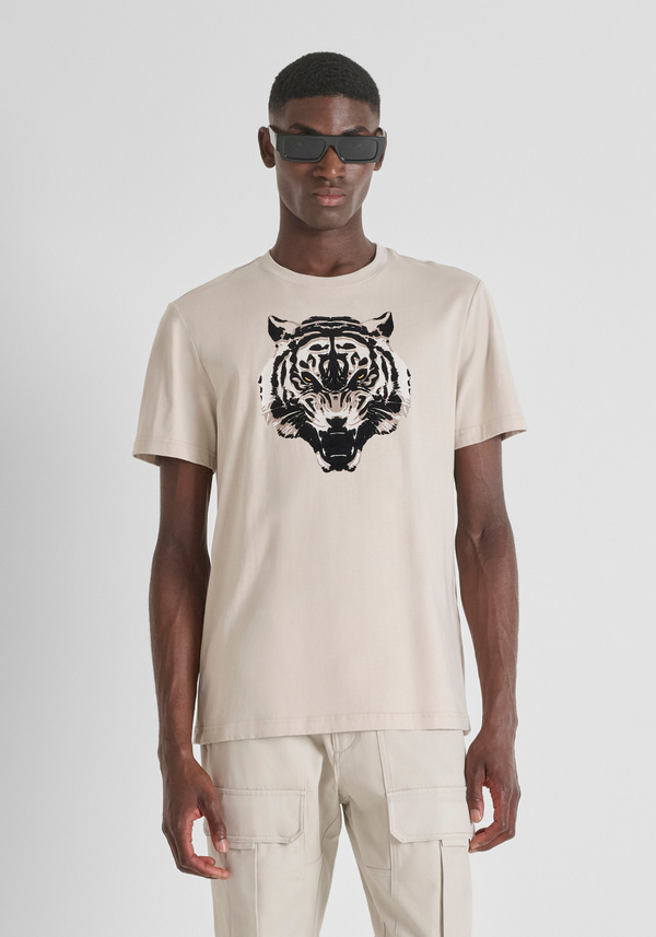 T-SHIRT REGULAR FIT EN JERSEY DE COTON AVEC IMPRIMÉ TIGRE FLOCKÉ - Antony Morato Online Shop