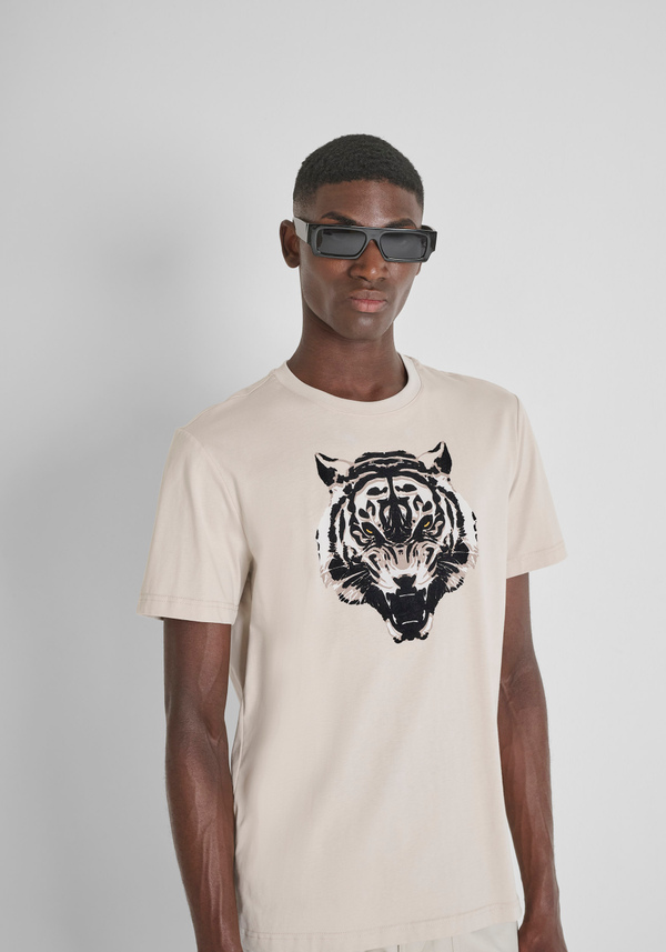 T-SHIRT REGULAR FIT EN JERSEY DE COTON AVEC IMPRIMÉ TIGRE FLOCKÉ - Antony Morato Online Shop