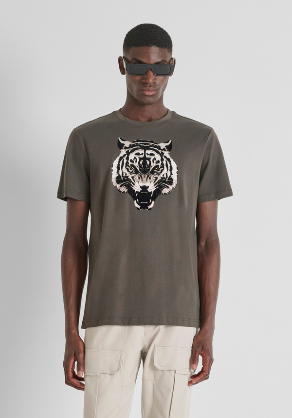 T-SHIRT REGULAR FIT IN JERSEY DI COTONE CON STAMPA TIGRE FLOCK - Antony Morato Online Shop