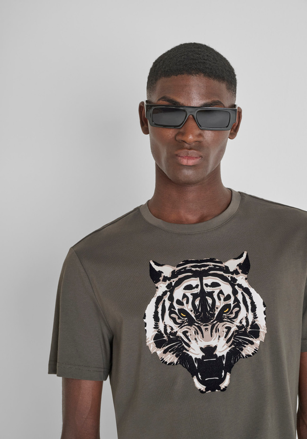 T-SHIRT REGULAR FIT IN JERSEY DI COTONE CON STAMPA TIGRE FLOCK - Antony Morato Online Shop
