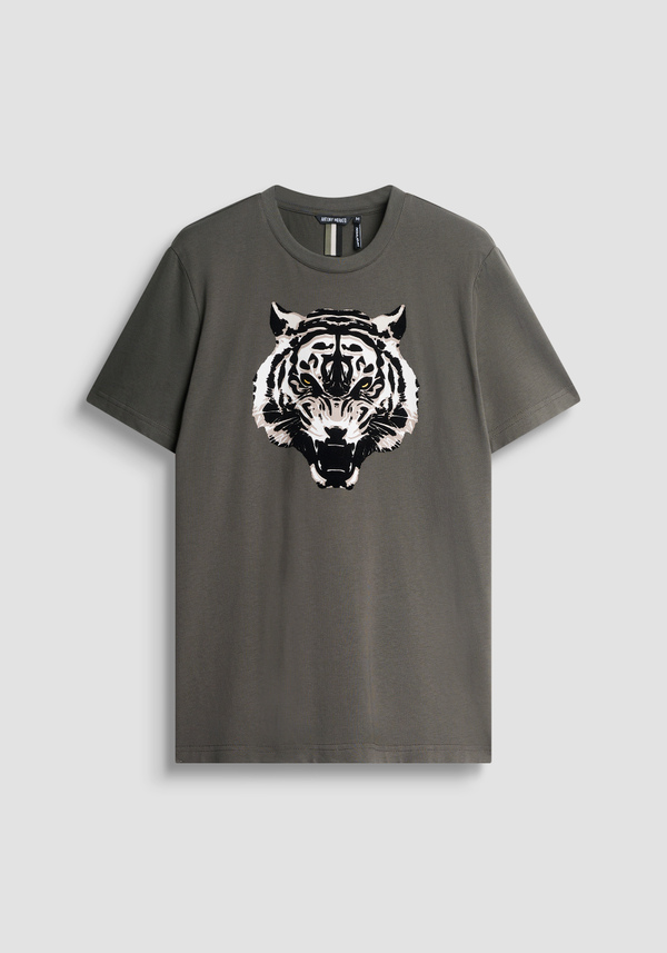 T-SHIRT REGULAR FIT IN JERSEY DI COTONE CON STAMPA TIGRE FLOCK - Antony Morato Online Shop