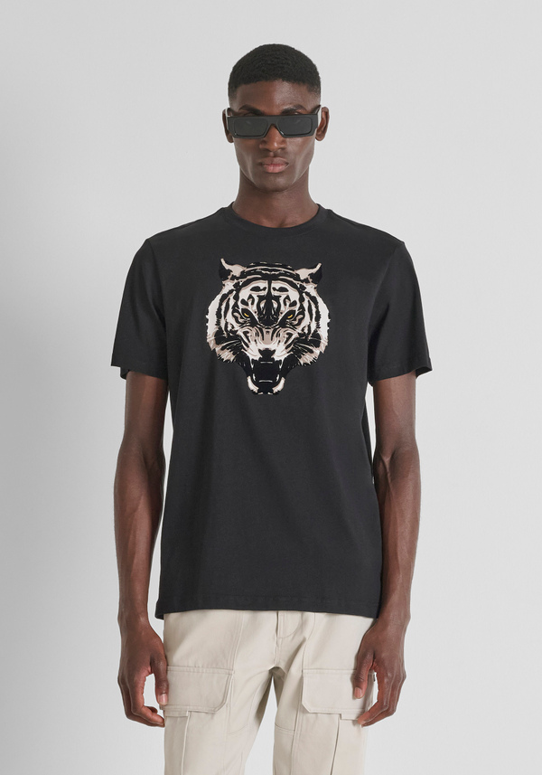 T-SHIRT REGULAR FIT EN JERSEY DE COTON AVEC IMPRIMÉ TIGRE FLOCKÉ - Antony Morato Online Shop