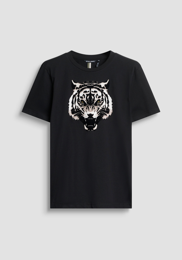 T-SHIRT REGULAR FIT EN JERSEY DE COTON AVEC IMPRIMÉ TIGRE FLOCKÉ - Antony Morato Online Shop