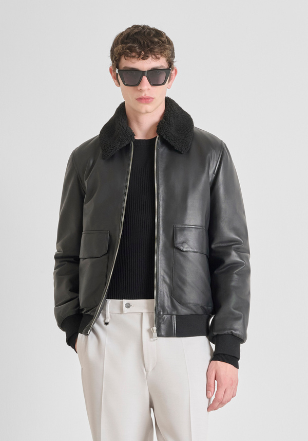 REGULAR FIT REAL LEATHER JACKET WITH TEDDY COLLAR - Antony Morato Online Shop