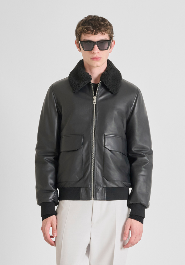 REGULAR FIT REAL LEATHER JACKET WITH TEDDY COLLAR - Antony Morato Online Shop