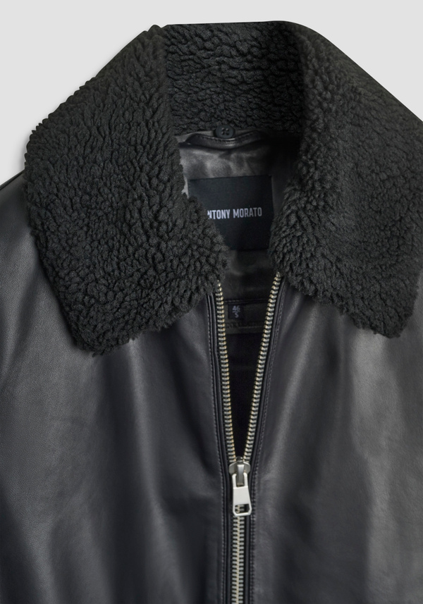 REGULAR FIT REAL LEATHER JACKET WITH TEDDY COLLAR - Antony Morato Online Shop