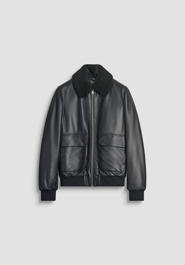 REGULAR FIT REAL LEATHER JACKET WITH TEDDY COLLAR - Antony Morato Online Shop