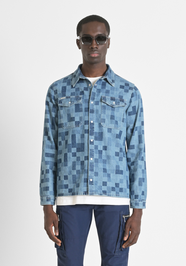 "RAY" REGULAR FIT DENIM SHIRT WITH GEOMETRIC PATTERN AND LASER CUT - Antony Morato Online Shop