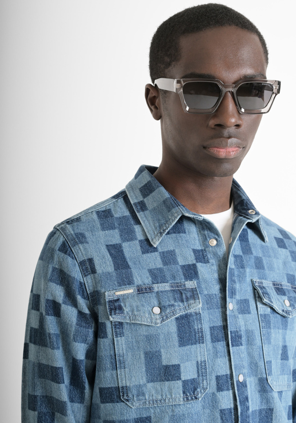 "RAY" REGULAR FIT DENIM SHIRT WITH GEOMETRIC PATTERN AND LASER CUT - Antony Morato Online Shop