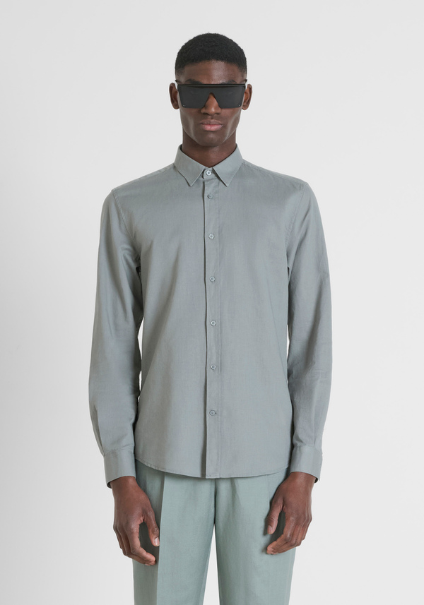 CAMISA SLIM FIT «ALICANTE» EN MEZCLA DE ALGODÓN Y LINO CON LOGOTIPO BORDADO - Antony Morato Online Shop