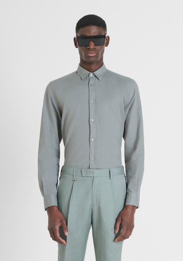 CAMISA SLIM FIT «ALICANTE» EN MEZCLA DE ALGODÓN Y LINO CON LOGOTIPO BORDADO - Antony Morato Online Shop