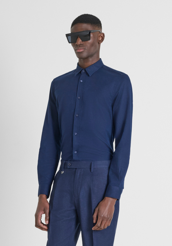 CAMISA SLIM FIT «ALICANTE» EN MEZCLA DE ALGODÓN Y LINO CON LOGOTIPO BORDADO - Antony Morato Online Shop