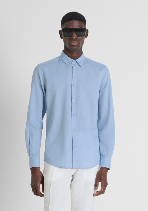 CAMISA SLIM FIT «ALICANTE» EN MEZCLA DE ALGODÓN Y LINO CON LOGOTIPO BORDADO - Antony Morato Online Shop
