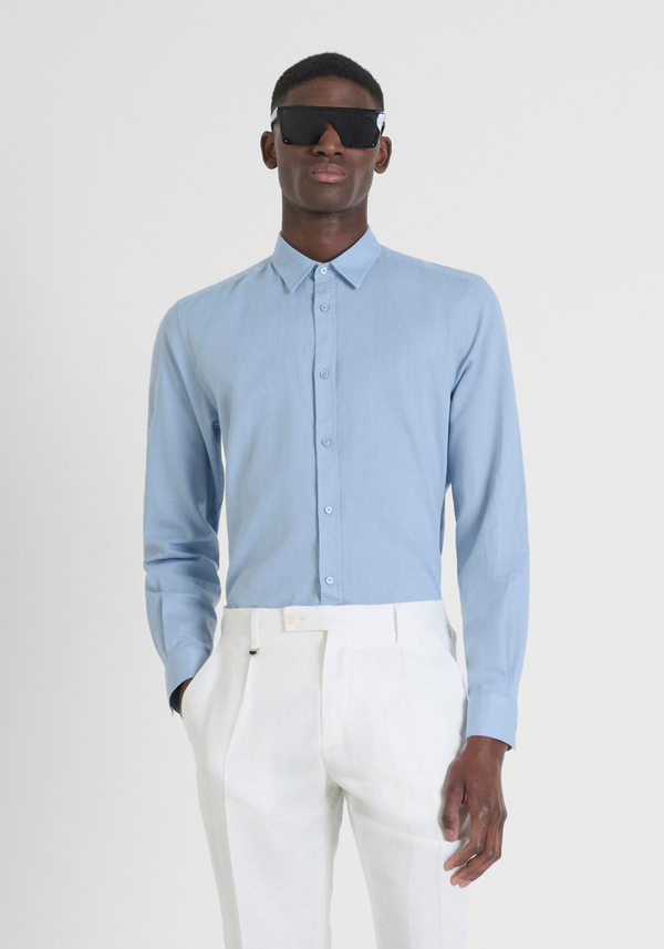 CAMISA SLIM FIT «ALICANTE» EN MEZCLA DE ALGODÓN Y LINO CON LOGOTIPO BORDADO - Antony Morato Online Shop