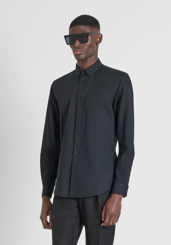 CAMISA SLIM FIT «ALICANTE» EN MEZCLA DE ALGODÓN Y LINO CON LOGOTIPO BORDADO - Antony Morato Online Shop