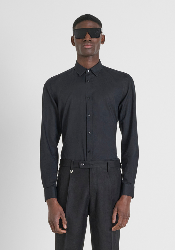 CAMISA SLIM FIT «ALICANTE» EN MEZCLA DE ALGODÓN Y LINO CON LOGOTIPO BORDADO - Antony Morato Online Shop