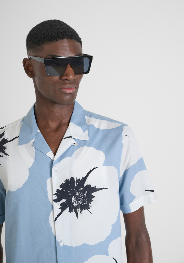 SHIRT STRAIGHT FIT "HONOLULU" IN PRINTED COTTON BLEND WITH LOGOED METAL BADGE - Antony Morato Online Shop