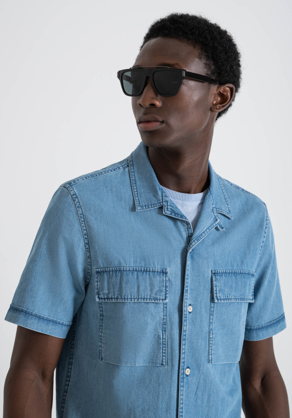 REGULAR STRAIGHT FIT "HONOLULU" COTTON DENIM SHIRT - Antony Morato Online Shop