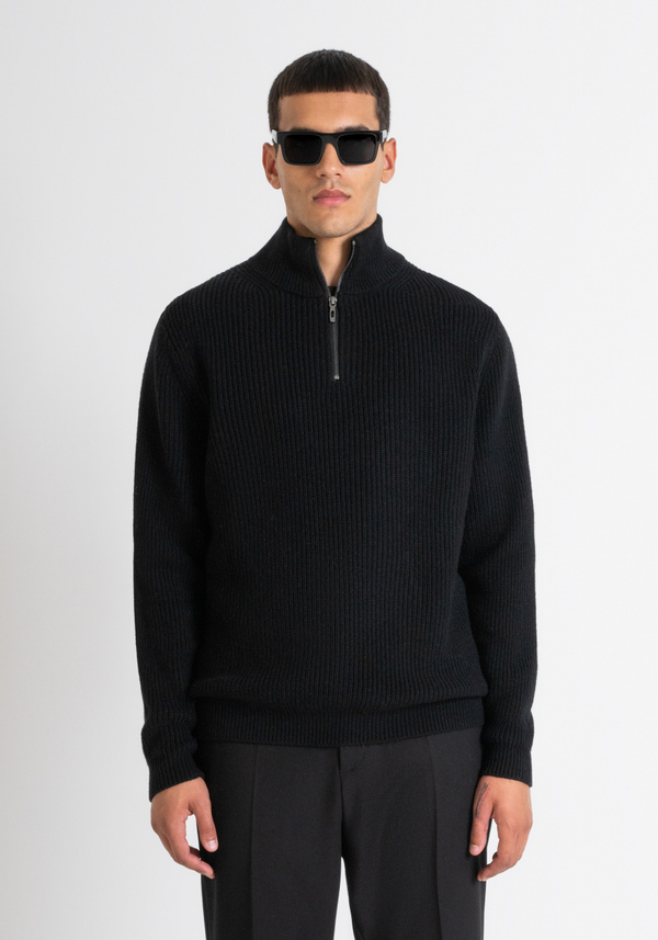 PULL REGULAR FIT NOIR AVEC FERMETURE ÉCLAIR EN LAINE MÉRINOS MÉLANGÉE - Antony Morato Online Shop