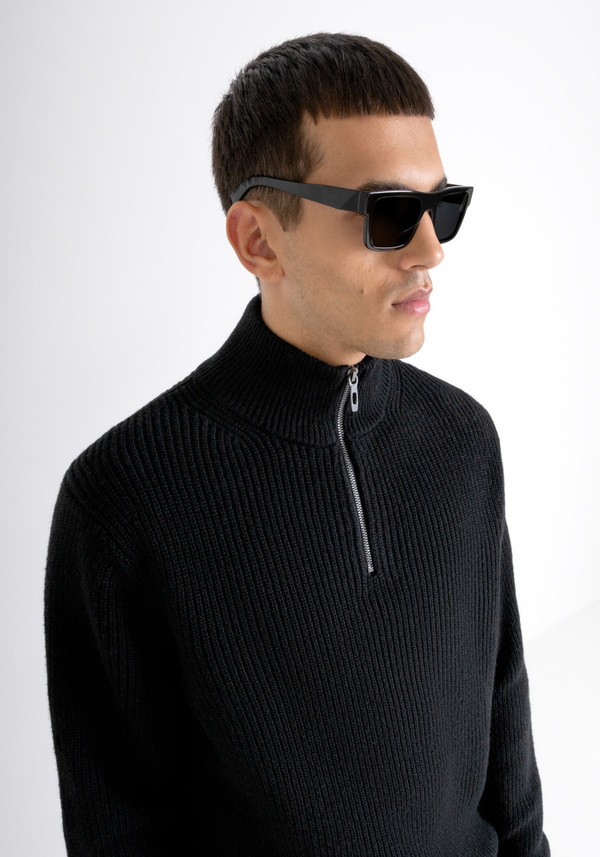 PULL REGULAR FIT NOIR AVEC FERMETURE ÉCLAIR EN LAINE MÉRINOS MÉLANGÉE - Antony Morato Online Shop
