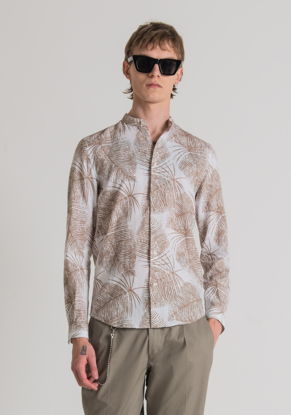 SLIM-FIT SHIRT IN LINEN BLEND WITH KOREAN COLLAR AND ALL-OVER MACRO PATTERN - Antony Morato Online Shop