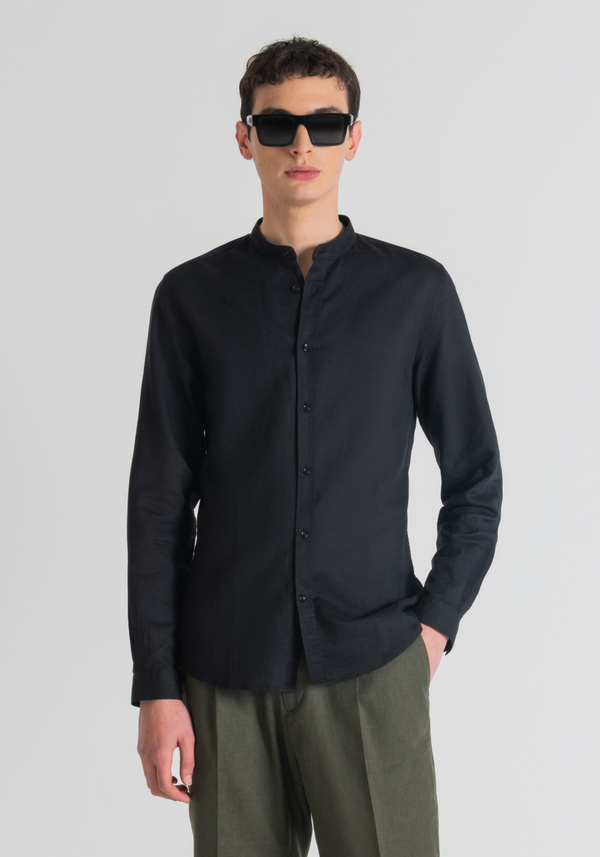 “TOLEDO” SLIM-FIT LINEN BLEND SHIRT WITH KOREAN COLLAR - Antony Morato Online Shop
