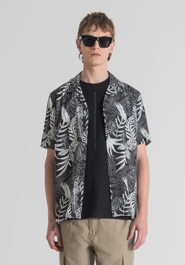 CHEMISE STRAIGHT FIT À MANCHES COURTES EN COTON MÉLANGÉ AVEC IMPRIMÉ TROPICAL ALL-OVER - Antony Morato Online Shop