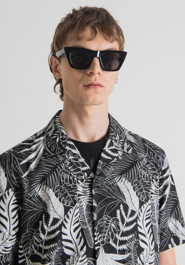 CHEMISE STRAIGHT FIT À MANCHES COURTES EN COTON MÉLANGÉ AVEC IMPRIMÉ TROPICAL ALL-OVER - Antony Morato Online Shop