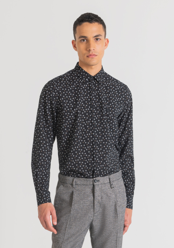 "BARCELONA" STRAIGHT-FIT SHIRT IN SOFT-TOUCH COTTON WITH MICRO-PRINT - Antony Morato Online Shop