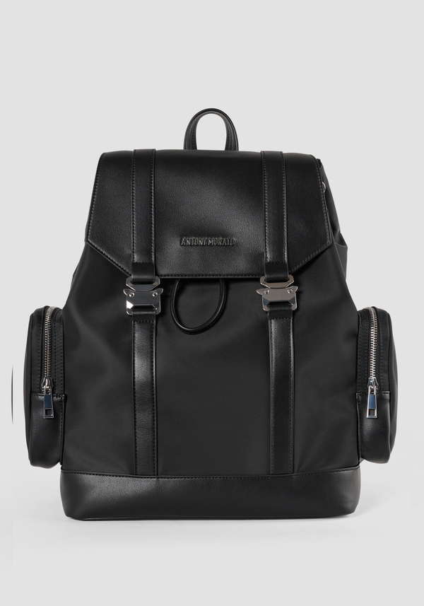 NYLON AND IMITATION LEATHER BACKPACK WITH LARGE SIDE POCKETS - Antony Morato Online Shop