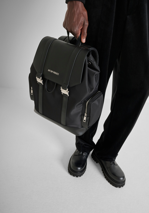 NYLON AND IMITATION LEATHER BACKPACK WITH LARGE SIDE POCKETS - Antony Morato Online Shop