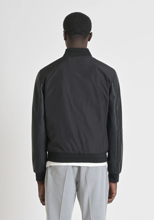 REGULAR FIT JACKET IN TECHNICAL FABRIC WITH FAUX LEATHER SLEEVES AND LOGO PATCH - Antony Morato Online Shop