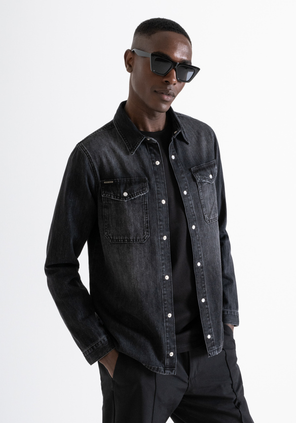 REGULAR FIT SHIRT IN BLACK DENIM - Antony Morato Online Shop