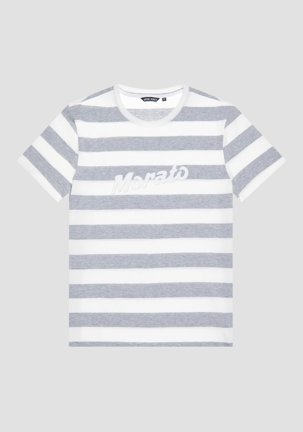 SLIM-FIT T-SHIRT IN COTTON WITH HORIZONTAL MÉLANGE STRIPES AND "MORATO" PRINT - Antony Morato Online Shop