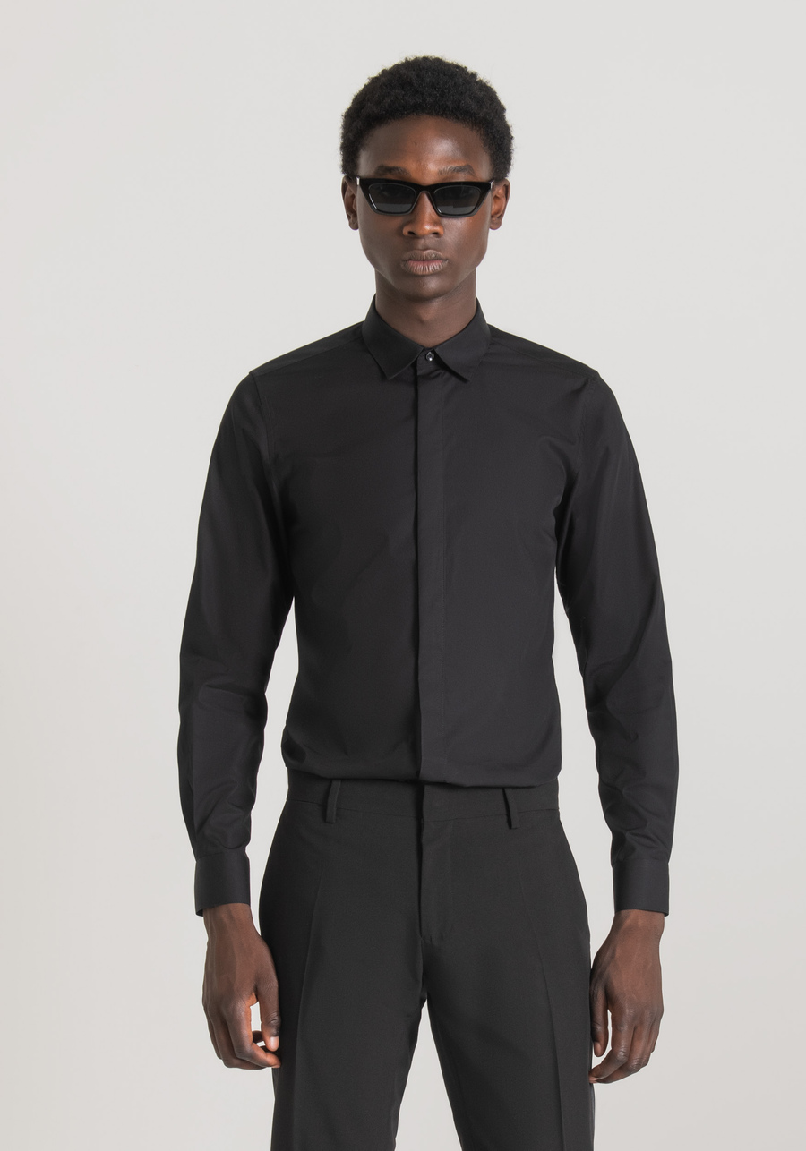 "LONDON" SLIM-FIT SHIRT IN EASY-IRON COTTON WITH CONCEALED BUTTONS - Antony Morato Online Shop