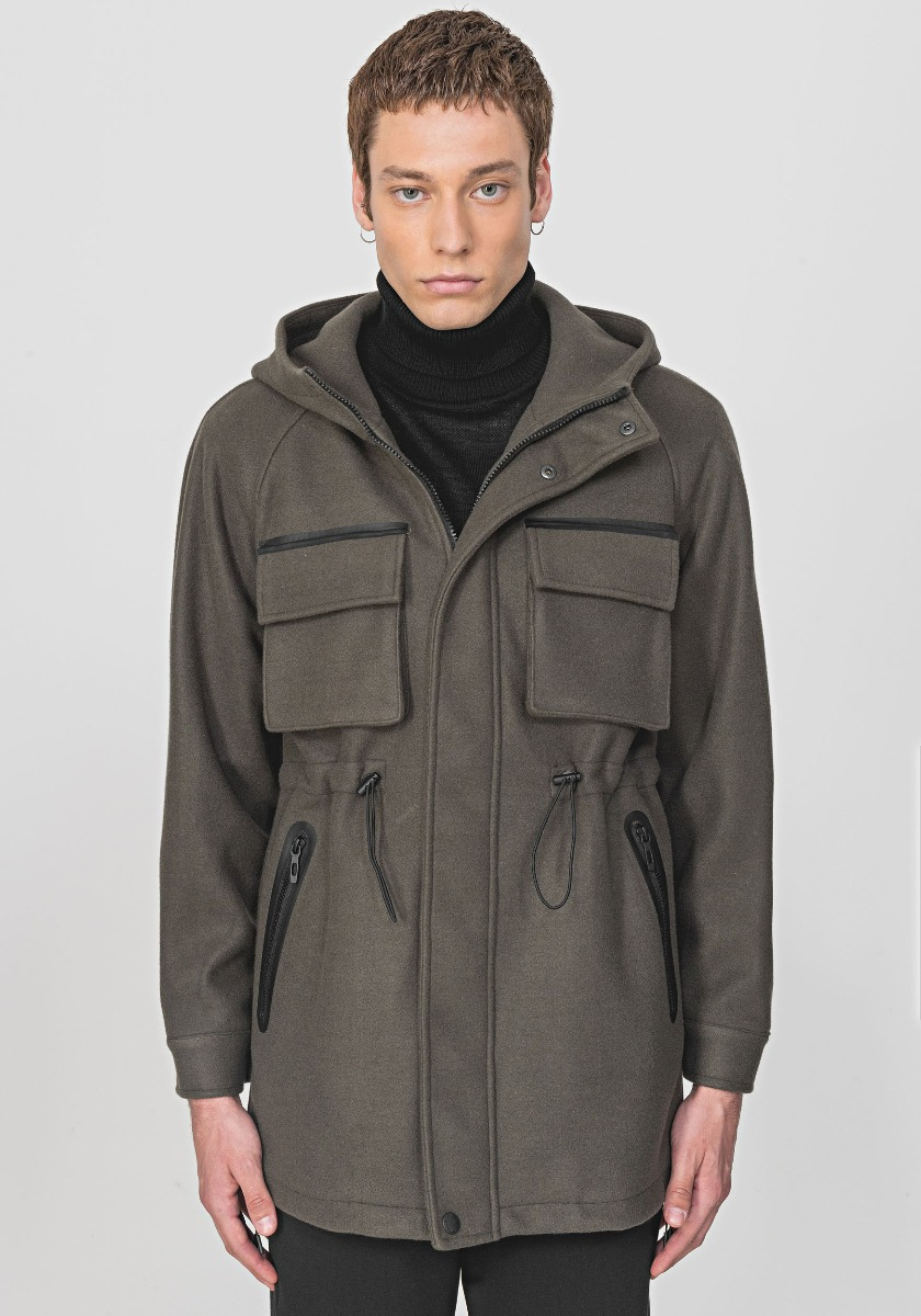 COAT IN A SMOOTH WOOL BLEND WITH A HOOD AND DRAWSTRING - Antony Morato Online Shop