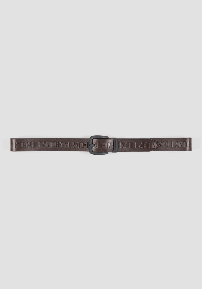 LEATHER BELT WITH BUCKLE AND ALL-OVER ENGRAVED LOGO - Antony Morato Online Shop