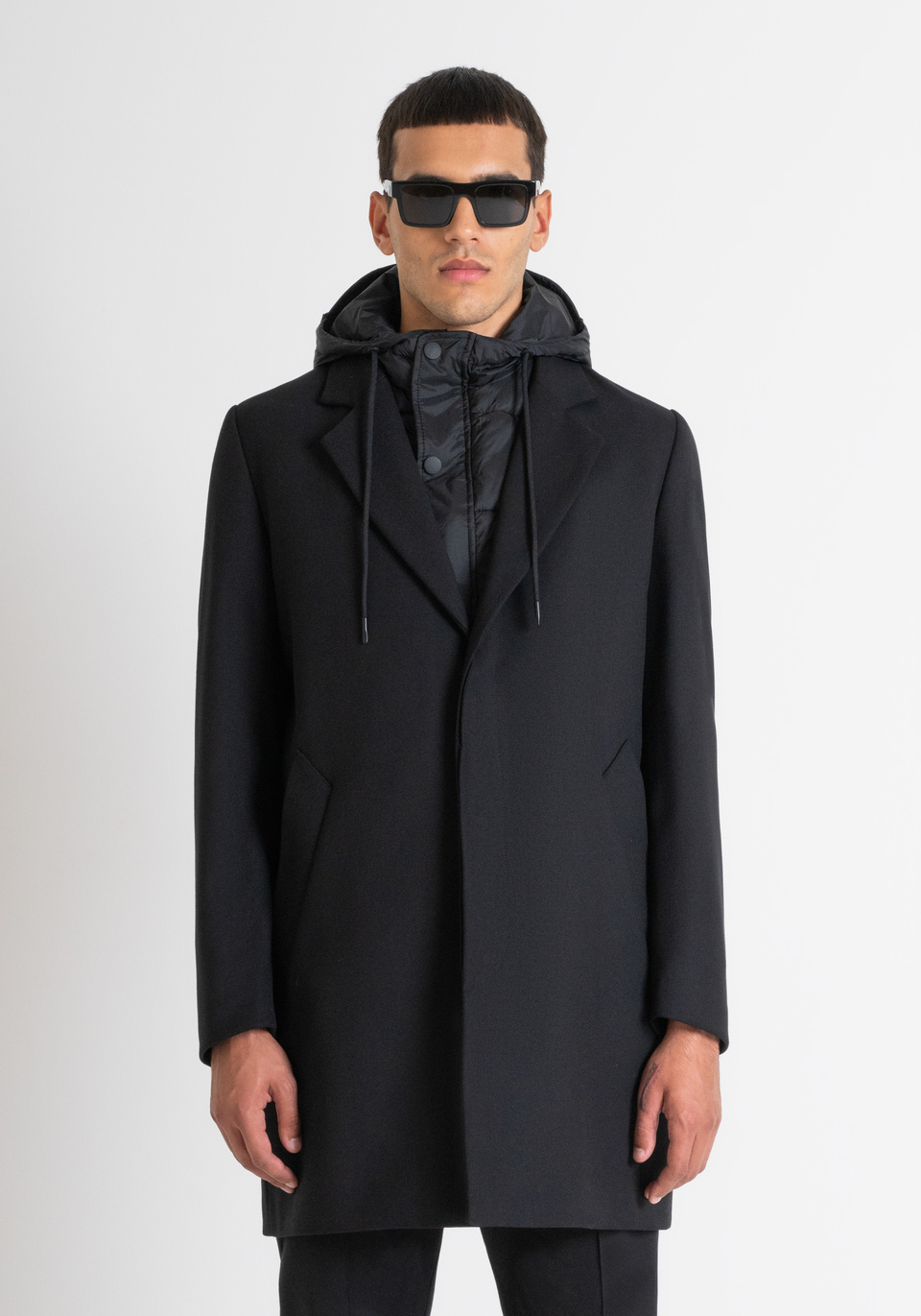 BLACK REGULAR FIT COAT WITH HOODED INNER VEST Antony Morato