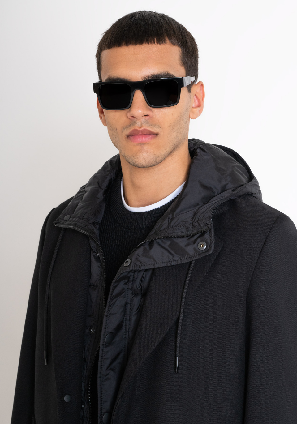 BLACK REGULAR FIT COAT WITH HOODED INNER VEST - Antony Morato Online Shop