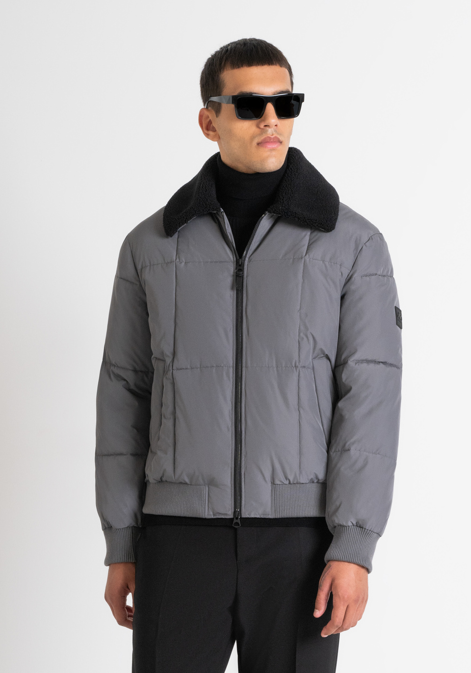 Grey faux fur puffer jacket top