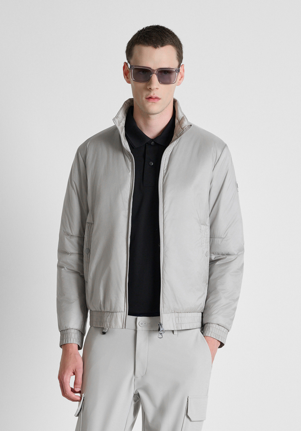 Stone regular-fit coat in padded shioze nylon with logo on rubber