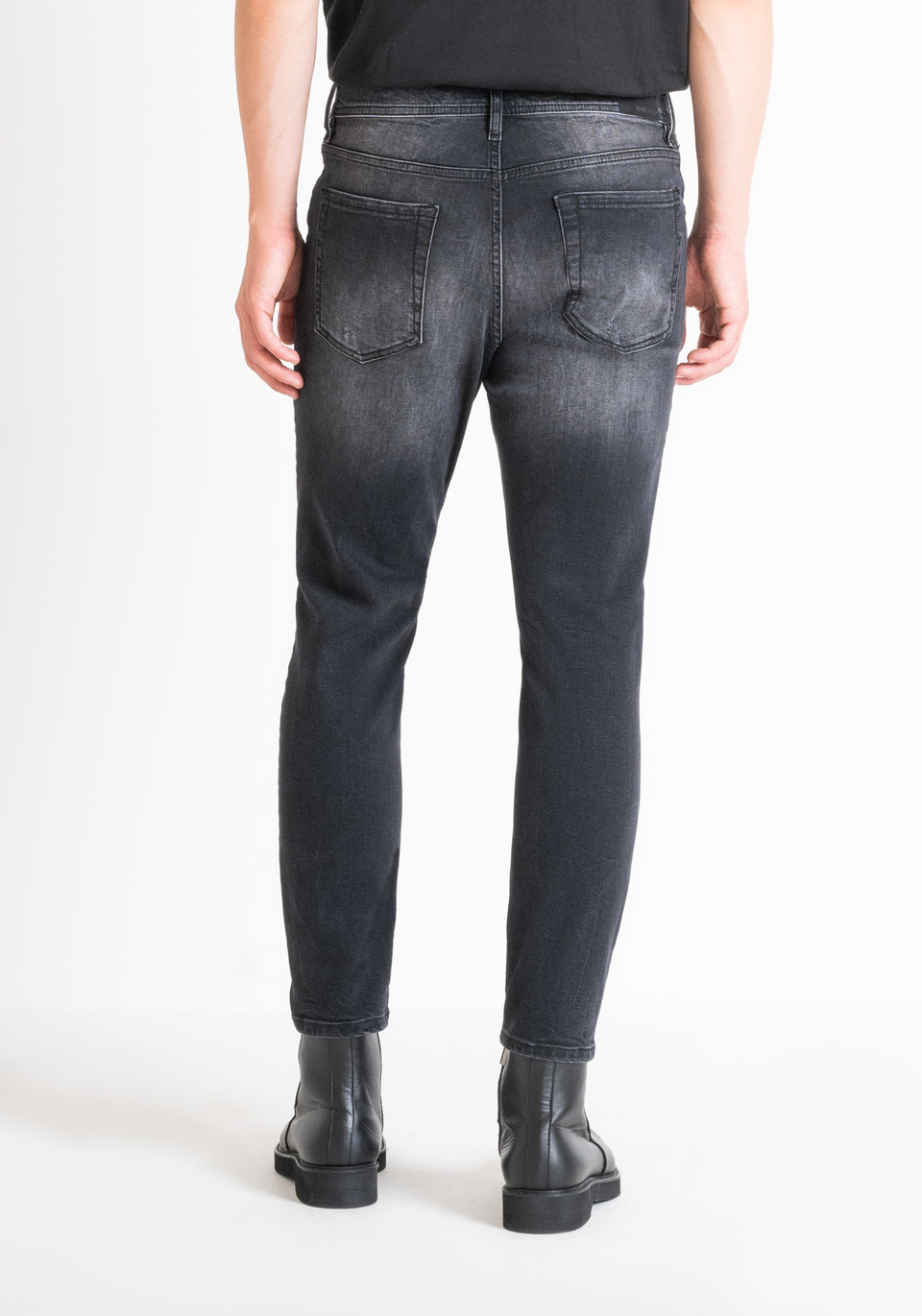SKINNY CROPPED FIT KARL JEANS IN BLACK DENIM WITH RIPS