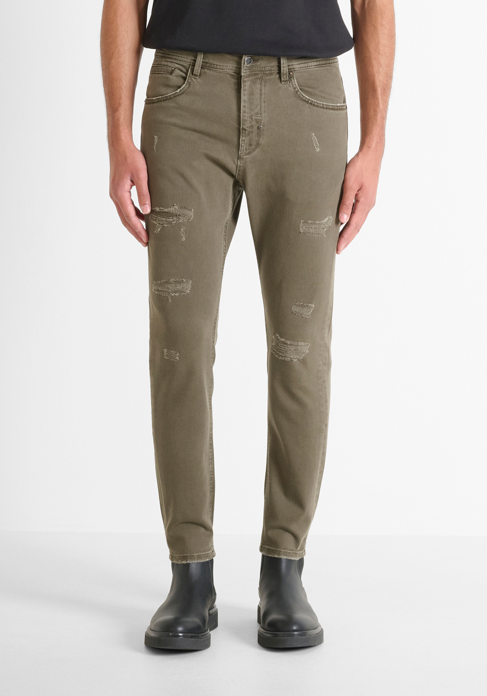 SKINNY CROPPED FIT "KARL" JEANS IN GREEN DENIM WITH RIPS - Antony Morato Online Shop