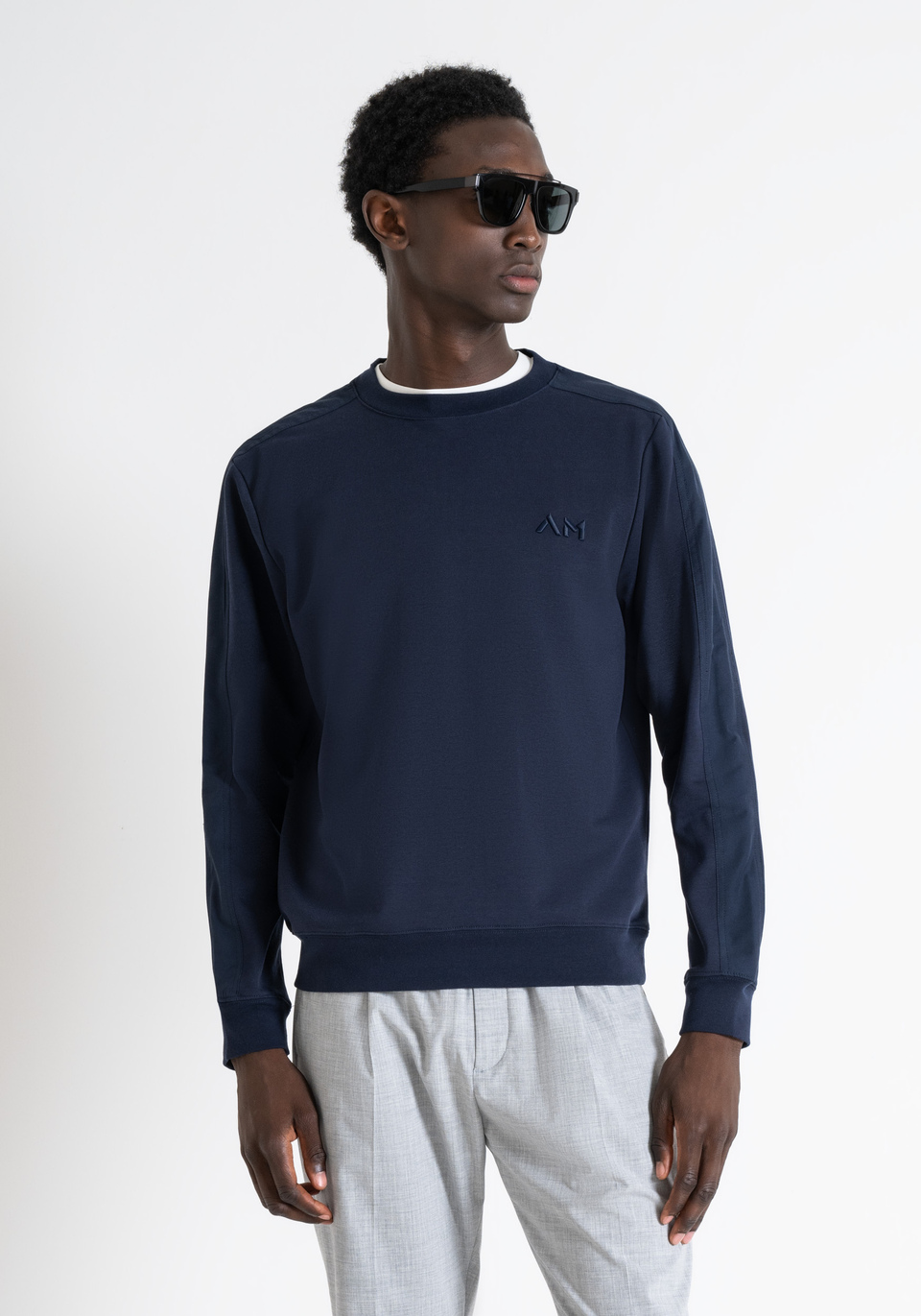 RELAXED FIT COTTON BLEND STRETCH FABRIC SWEATSHIRT WITH EMBROIDERED LOGO - Antony Morato Online Shop