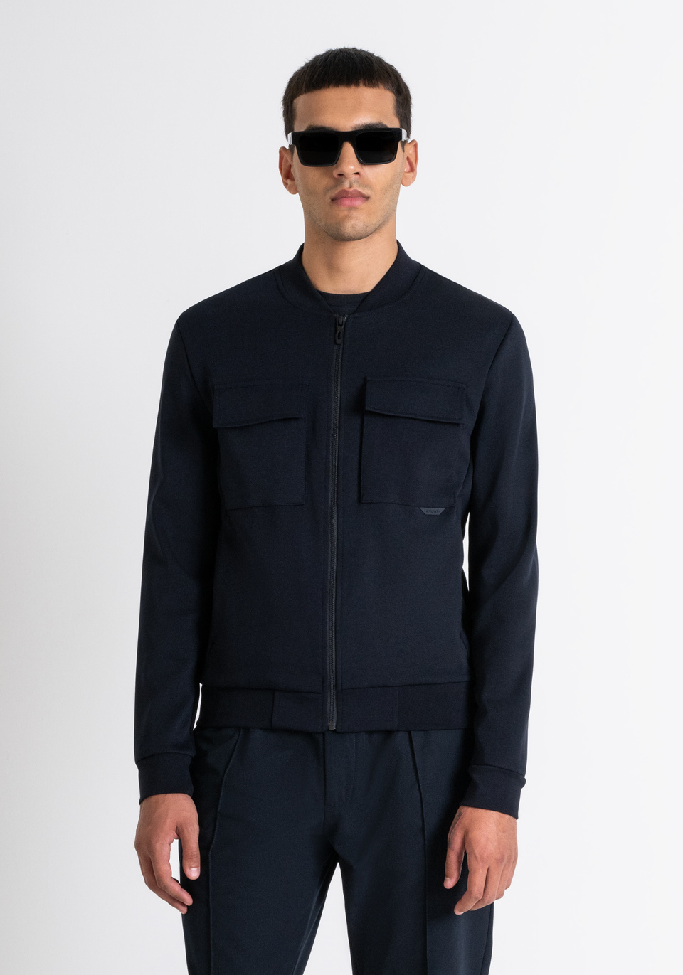 SLIM FIT SWEATSHIRT WITH ZIP AND POCKETS IN BLUE COTTON BLEND WITH LOGO - Antony Morato Online Shop