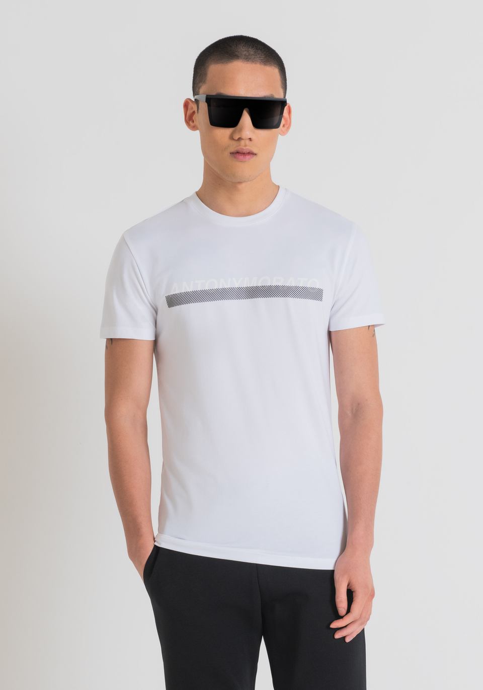 SUPER SLIM FIT T SHIRT IN STRETCH COTTON WITH LOGO PRINT INJECTION