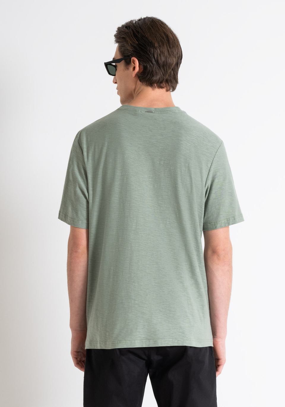 RELAXED FIT FLAMED COTTON T-SHIRT WITH LOGO PLAQUE - Antony Morato Online Shop